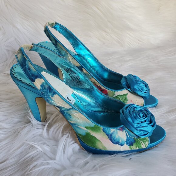 Rampage Primrose Blue Flower Print with Floral Embellishment Heels SZ 8 - Picture 3 of 14